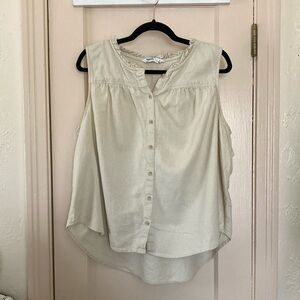Sonoma 1x Sand Beige Ruffle Neck Button Front Tank Top Linen Blend